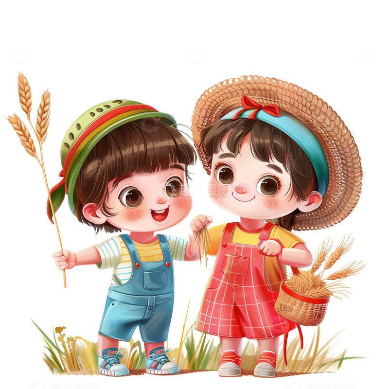 可爱儿童收获麦穗插画