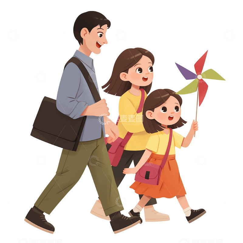 高清大图下载【趣麦麦图】一家人外出游玩卡通插画