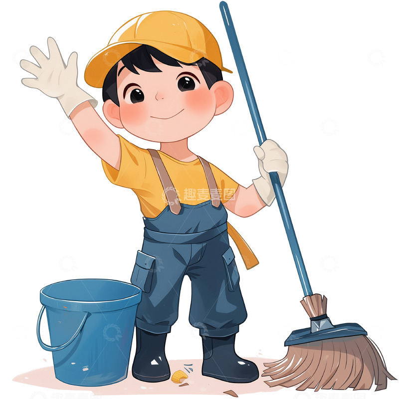 高清大图下载【趣麦麦图】正在扫地的可爱小男孩卡通插画素材