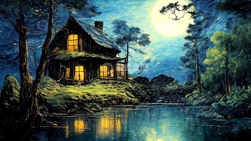 高清大图下载【趣麦麦图】AI绘画月光下的湖边小屋