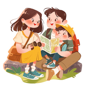 假期家人外出旅游卡通插画