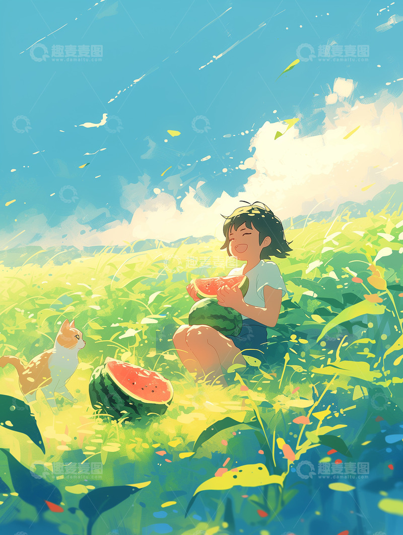 高清大图下载【趣麦麦图】-夏天女孩草地吃西瓜简约插画
