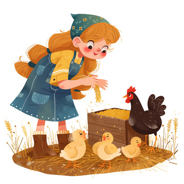 农场喂鸡场景卡通插画素材