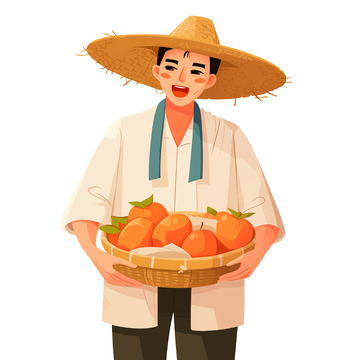 卡通农民抱着一筐桔子的插画