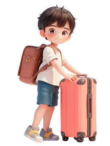 夏日节日拿着行李箱去旅游的小男孩