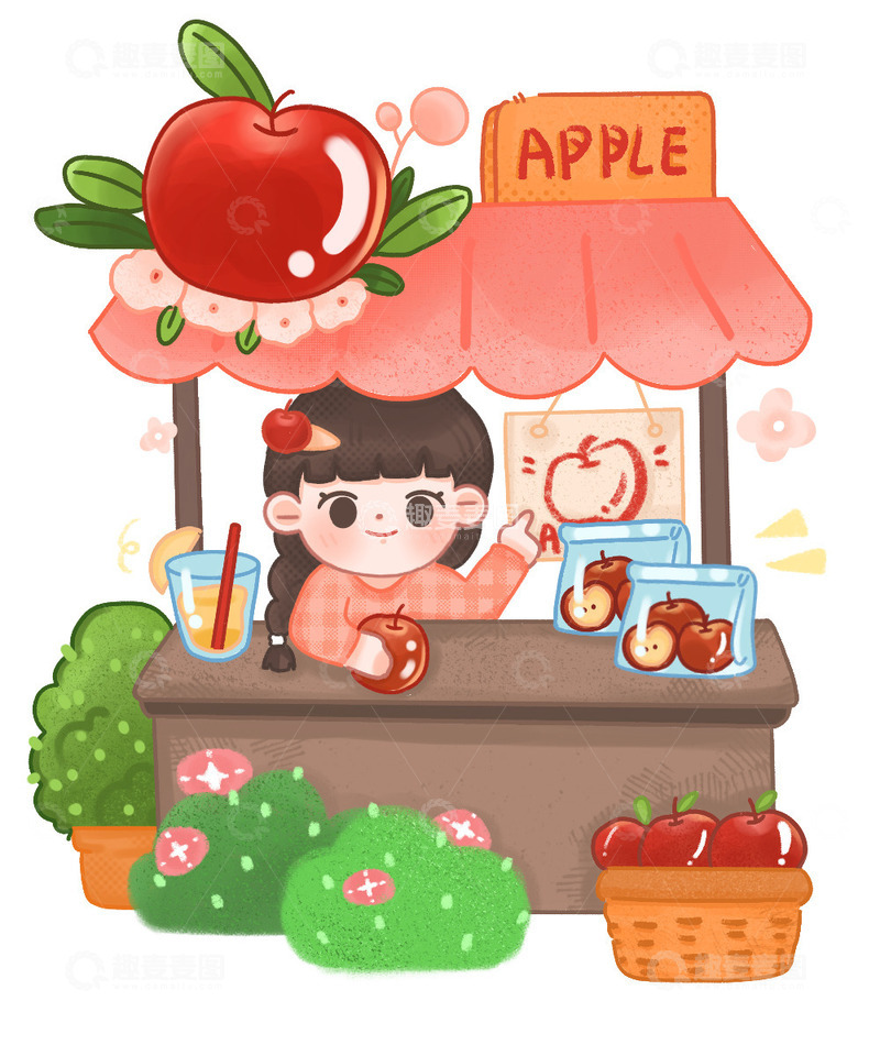 源文件下载【趣麦麦图】苹果摊位水果手绘插画卡通可爱