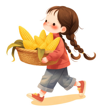 卡通女孩抱着一筐玉米丰收插画