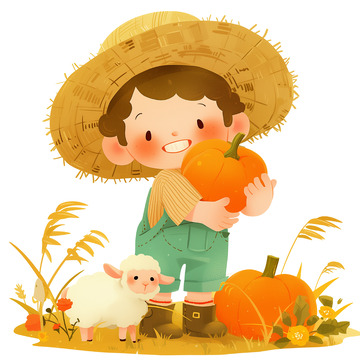 抱着大南瓜的卡通农夫形象