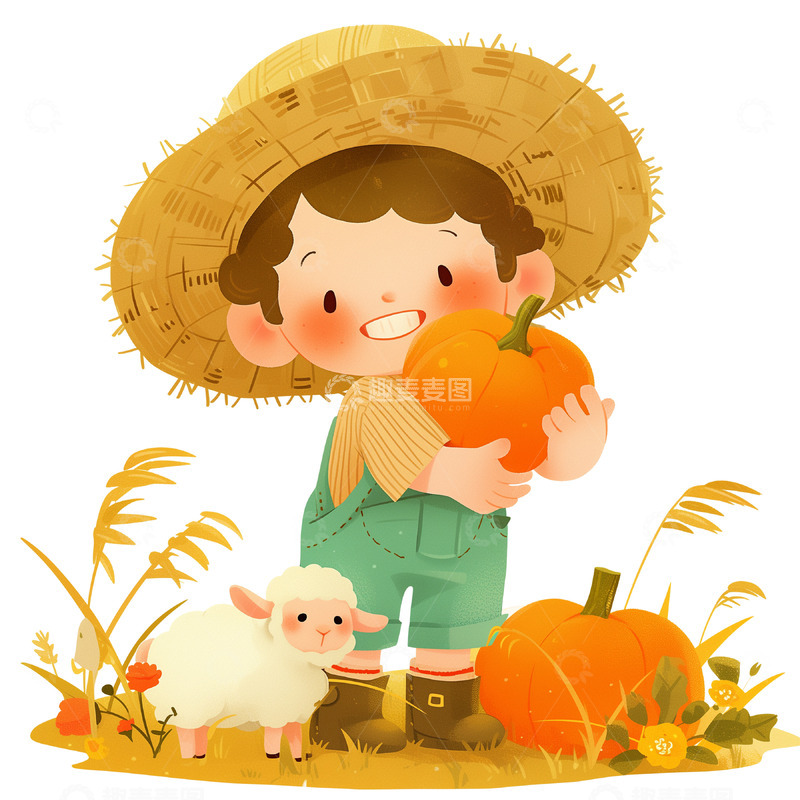 高清大图下载【趣麦麦图】抱着大南瓜的卡通农夫形象