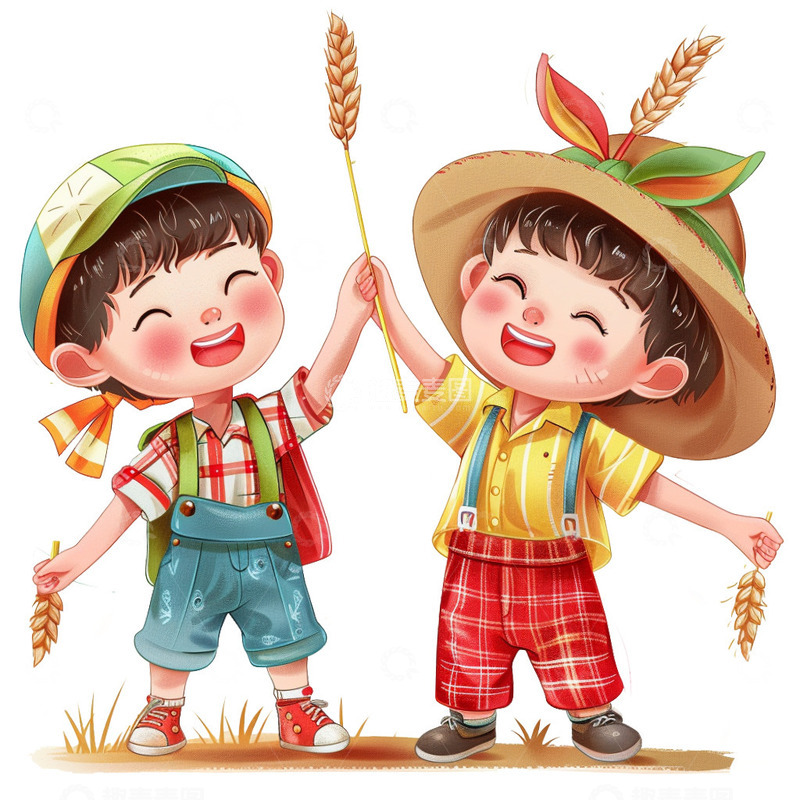 高清大图下载【趣麦麦图】-男孩一同举起麦穗收获场景插画