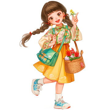 提着花篮出门游玩的女孩