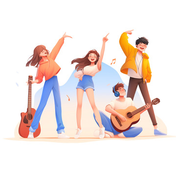 一群歌唱的青年人卡通插画