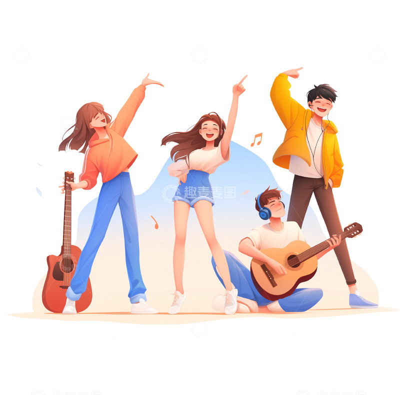 一群歌唱的青年人卡通插画