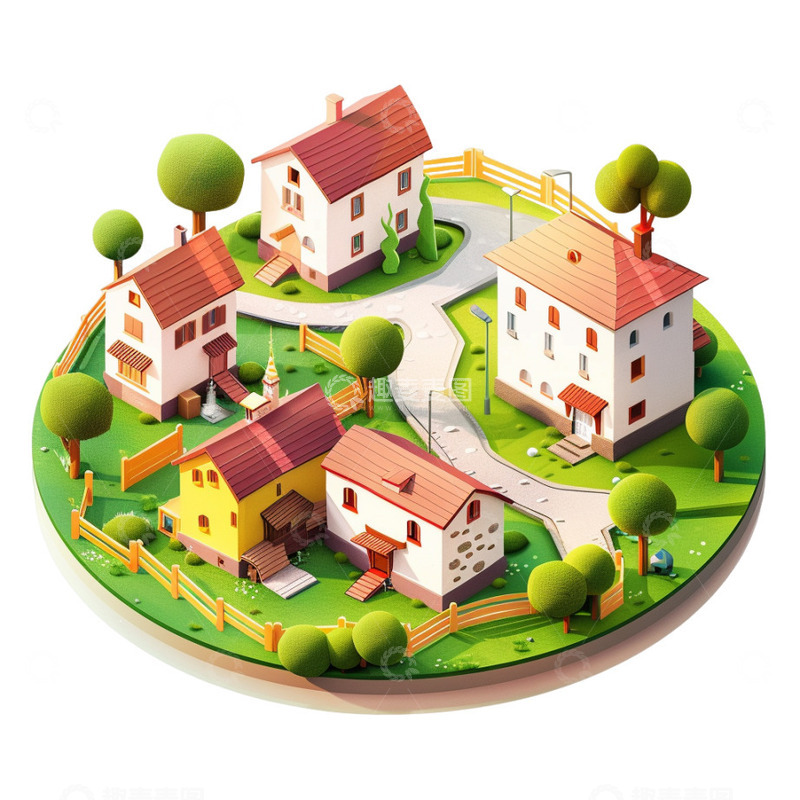 高清大图下载【趣麦麦图】手绘立体小村庄插画扁平化