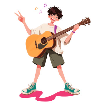 弹吉他的男孩卡通插画风格