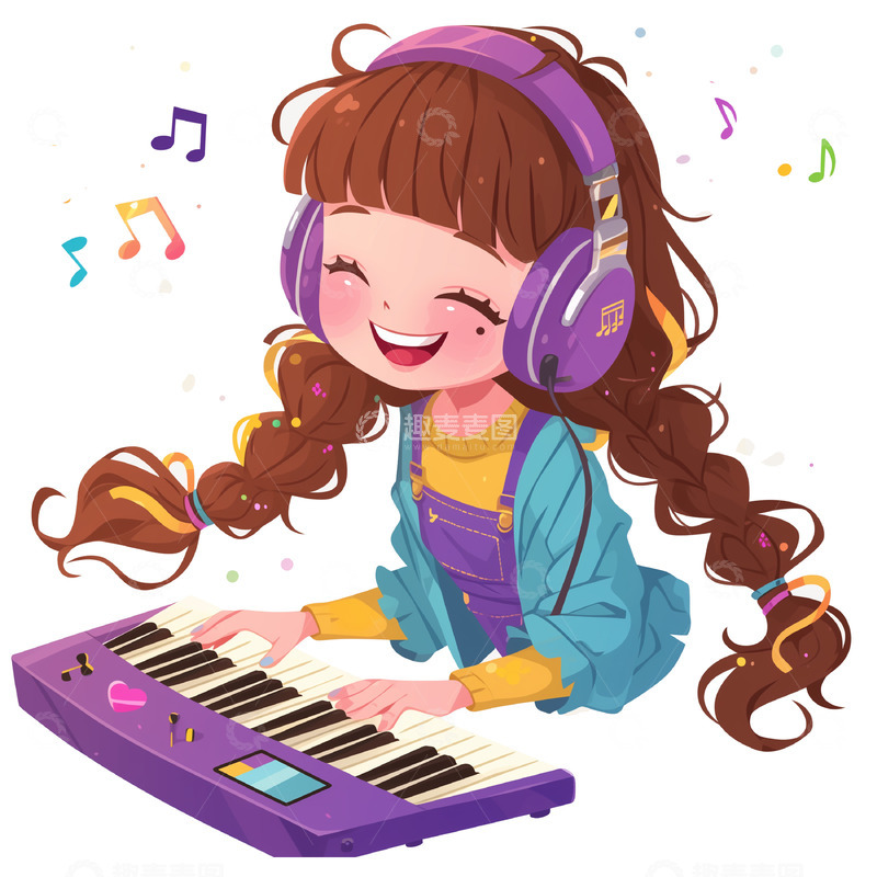 高清大图下载【趣麦麦图】开心弹琴的可爱卡通女孩