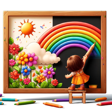 绘画彩虹的小女孩卡通风格