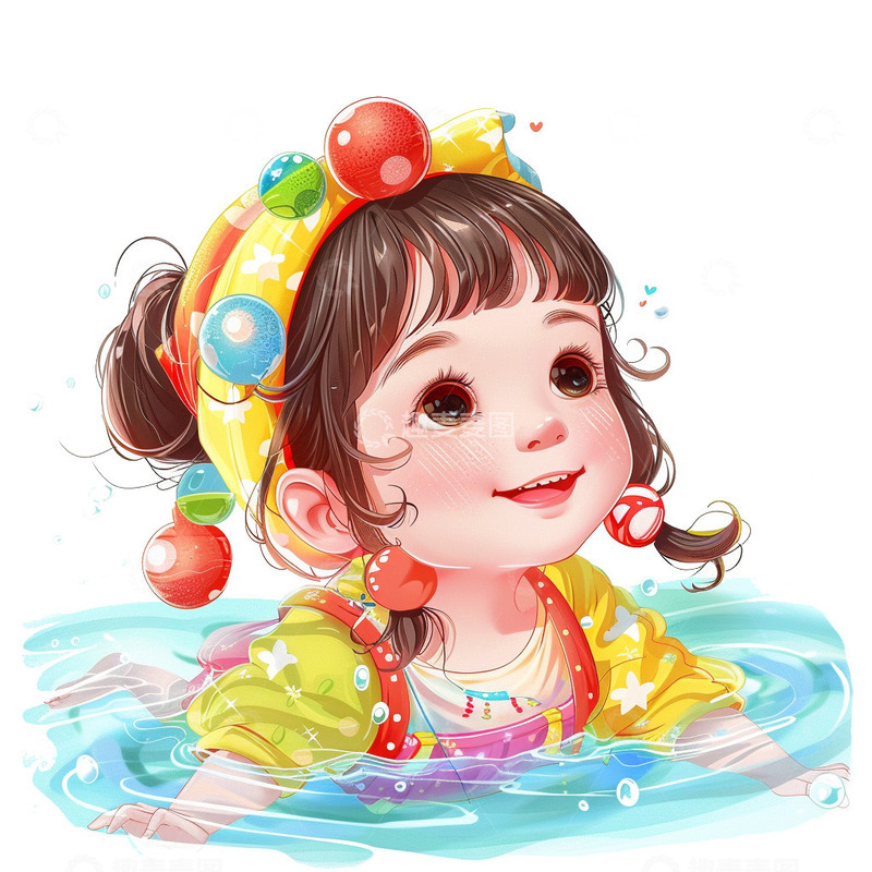 高清大图下载【趣麦麦图】夏日游泳玩水的小女孩插画