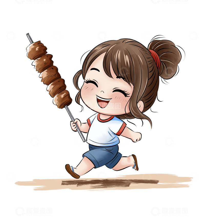 源文件下载【趣麦麦图】夏天夜市烧烤烤串吃货奔跑的卡通小女孩