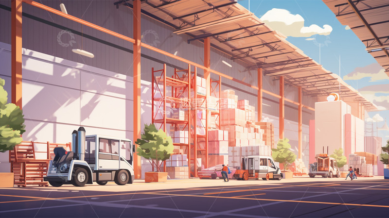 高清大图下载【趣麦麦图】仓库物流插画货物运输场景