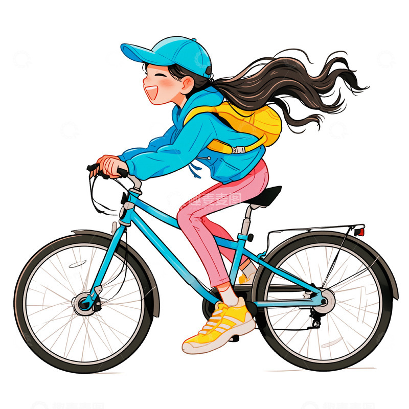高清大图下载【趣麦麦图】骑自行车的卡通女孩素材