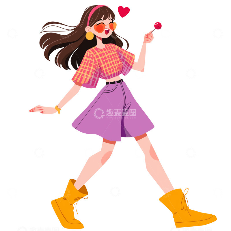 高清大图下载【趣麦麦图】年青女孩吃棒棒糖卡通素材