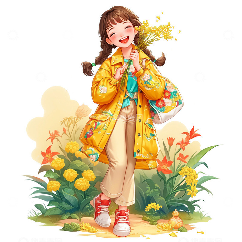 高清大图下载【趣麦麦图】少女郊游采花插画