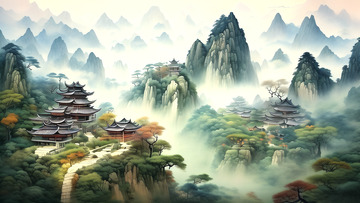 水墨风景亭台楼阁