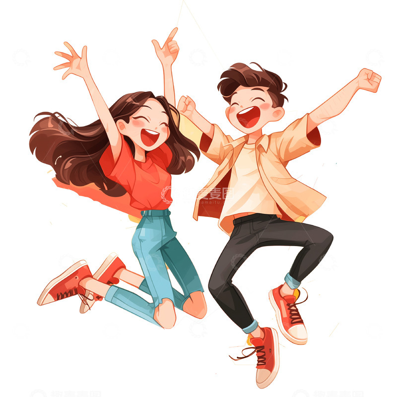高清大图下载【趣麦麦图】跳跃欢呼青年节卡通人物