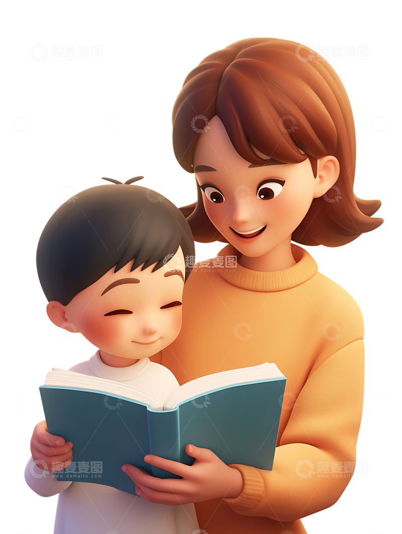 高清大图下载【趣麦麦图】母亲陪着孩子一起看书阅读2