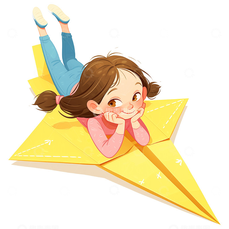 高清大图下载【趣麦麦图】趴在纸飞机上的卡通女孩素材