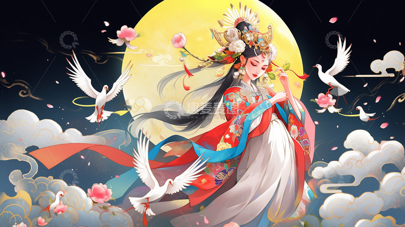 高清大图下载【趣麦麦图】月亮下的穿古装的女生插画