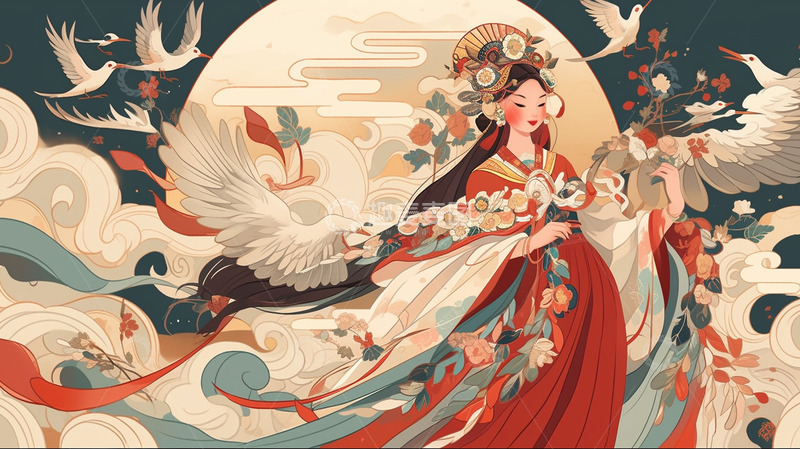 高清大图下载【趣麦麦图】鹊桥嫦娥戏曲传统文化插画