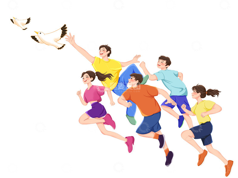 源文件下载【趣麦麦图】奔跑的青年活力白鸽手绘插画青年节