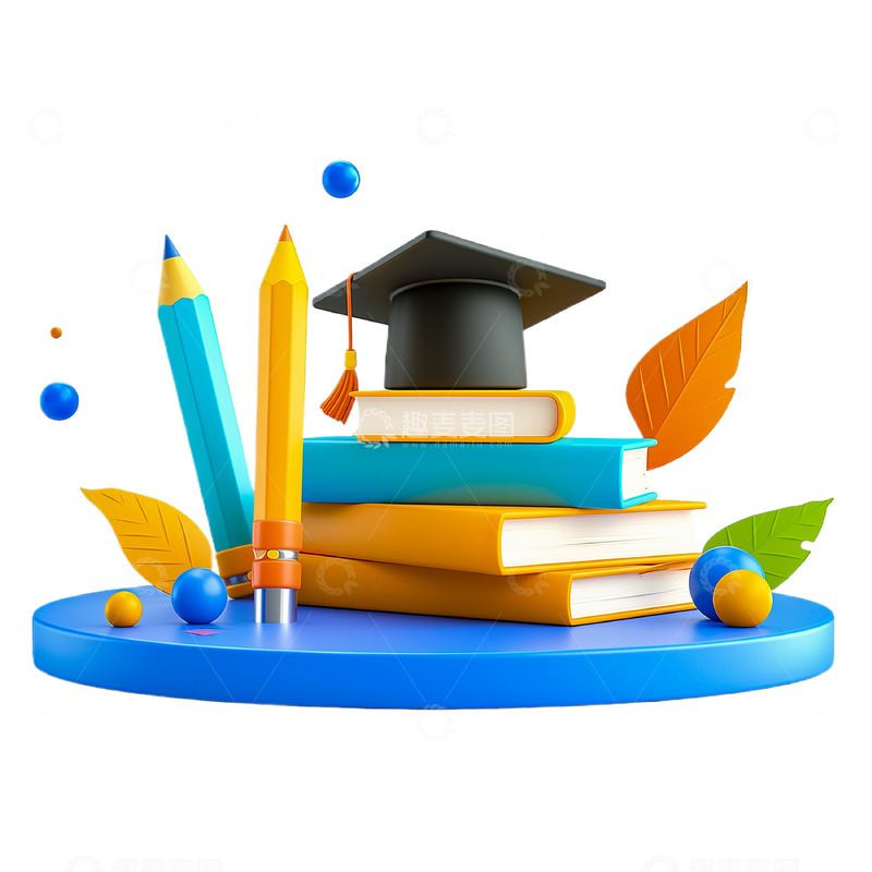 高清大图下载【趣麦麦图】3D博士帽书本文具素材