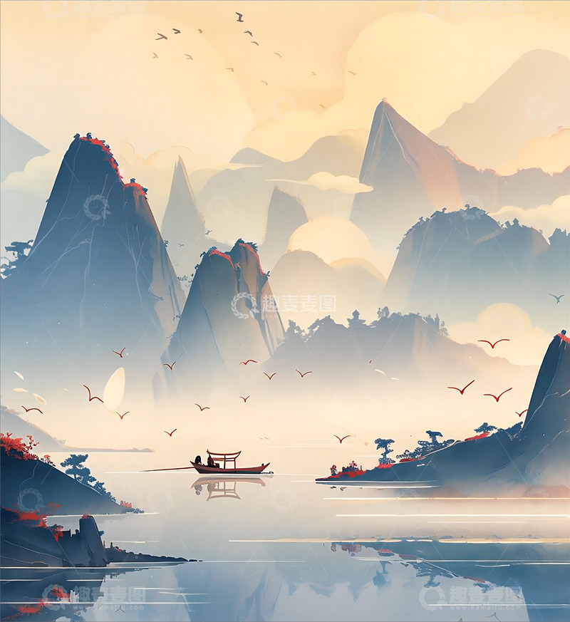 高清大图下载【趣麦麦图】国潮山水泛舟