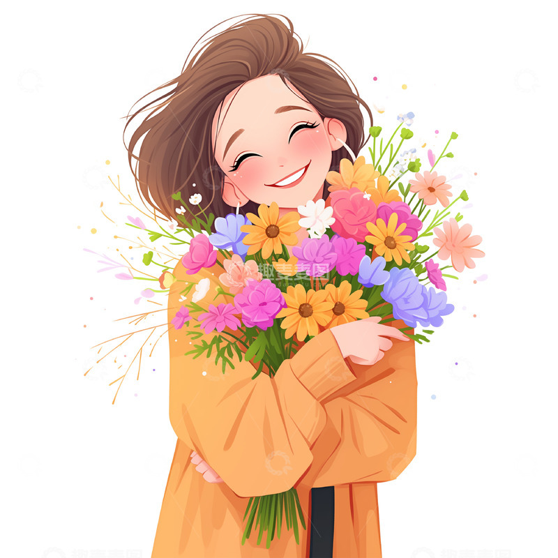 高清大图下载【趣麦麦图】抱着花束的卡通人物素材