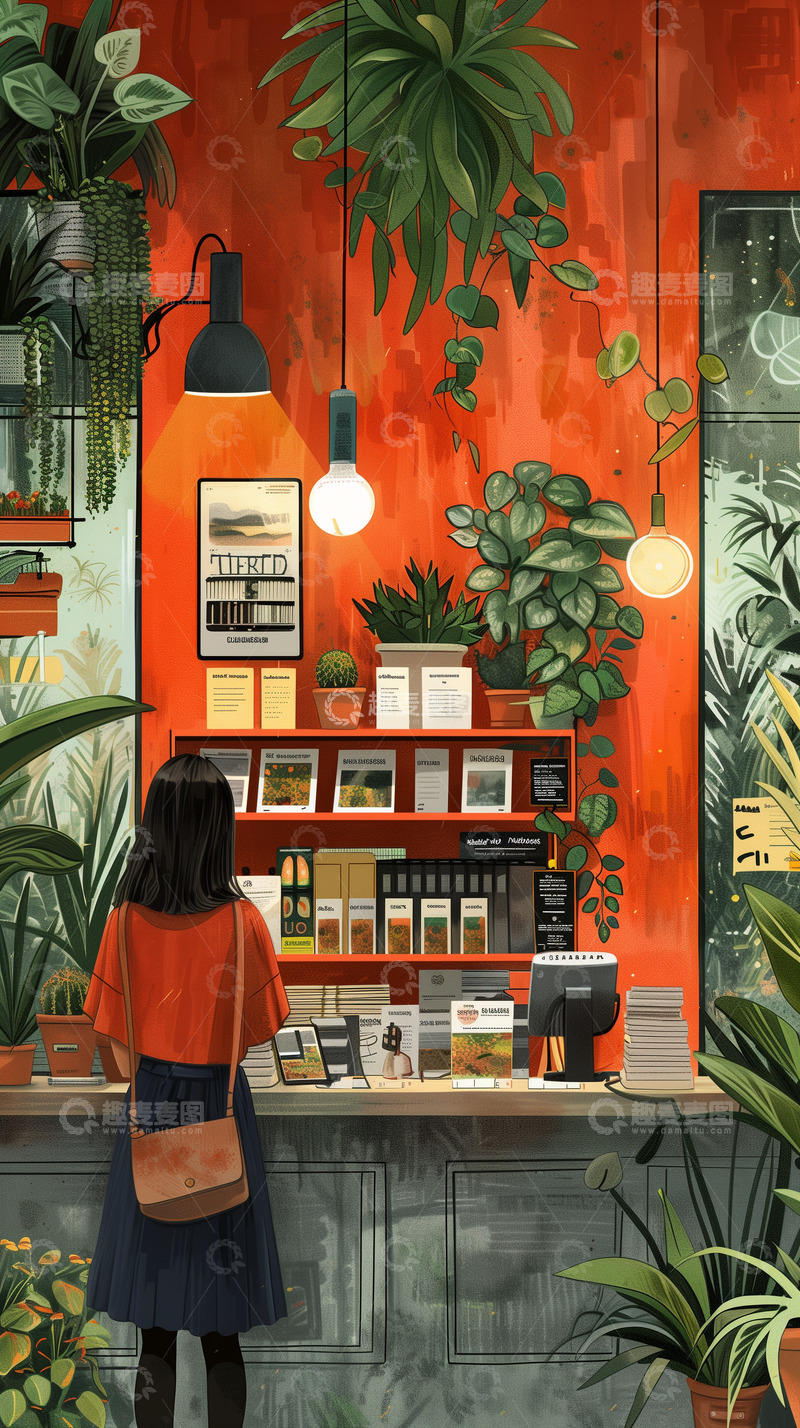 高清大图下载【趣麦麦图】复古风女生购物插画背景