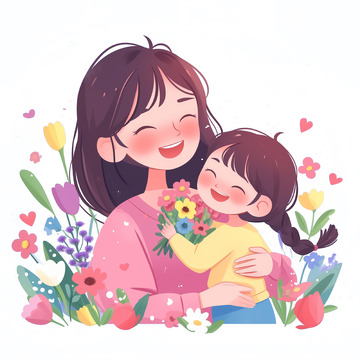 母亲节女儿送花场景插画