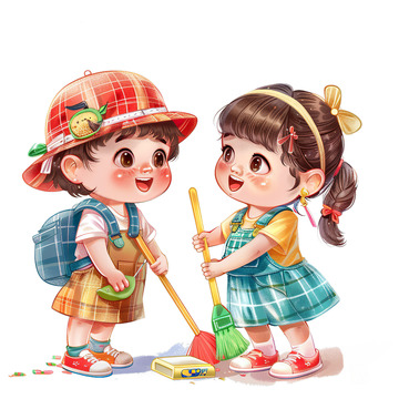 孩子打扫卫生清洁场景插画