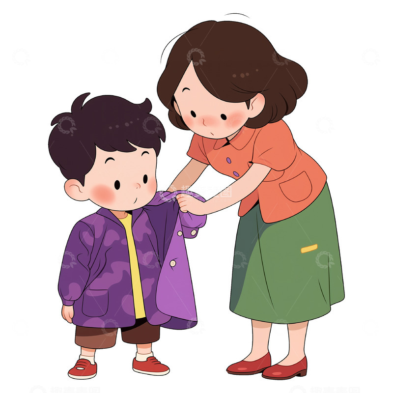 高清大图下载【趣麦麦图】卡通风格母亲给孩子穿衣服素材