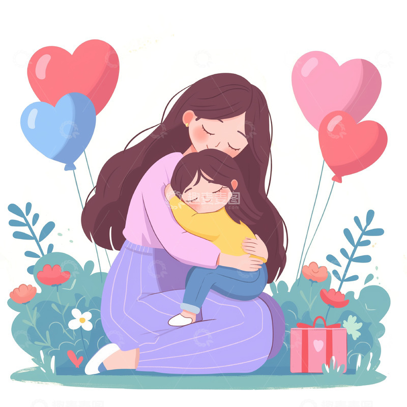 高清大图下载【趣麦麦图】母亲节母女拥抱卡通人物素材