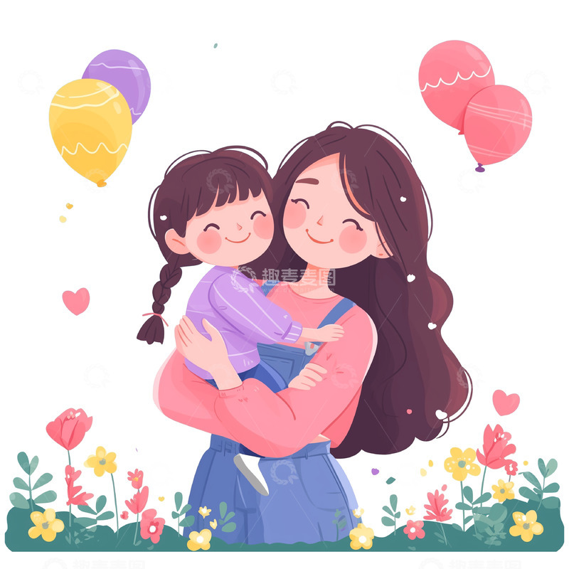 高清大图下载【趣麦麦图】母女相互拥抱母亲节卡通素材