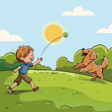 矢量男孩在草坪遛狗