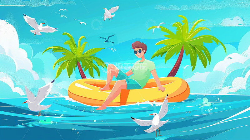 高清大图下载【趣麦麦图】夏日海边冲浪玩乐插画背景