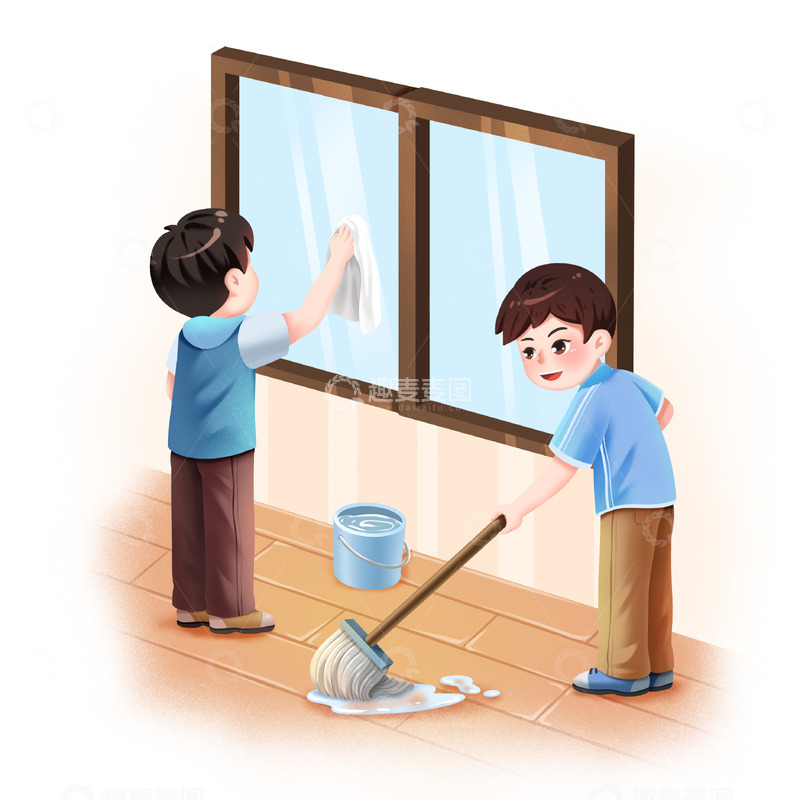 劳动节儿童擦玻璃拖地卡通元素