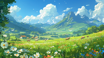 草原蓝天白云动物房屋鲜花植物场景