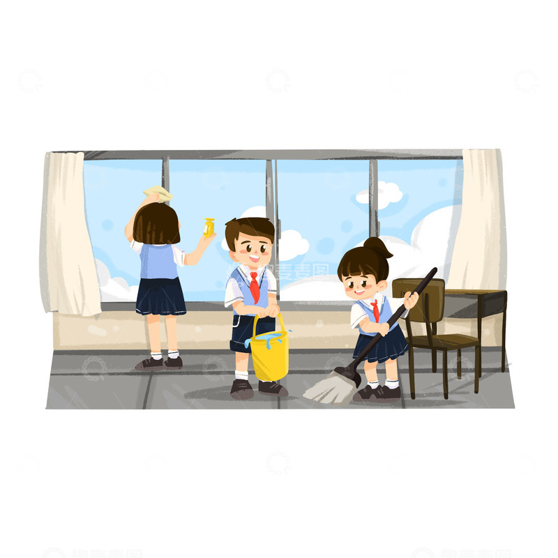 五一劳动节小学生教室打扫场景