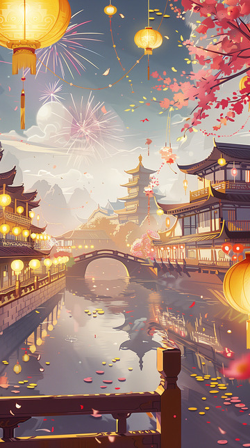 万家灯火手绘插画背景