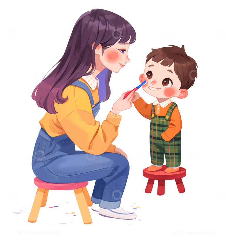 高清大图下载【趣麦麦图】妈妈教宝宝刷牙卡通插画